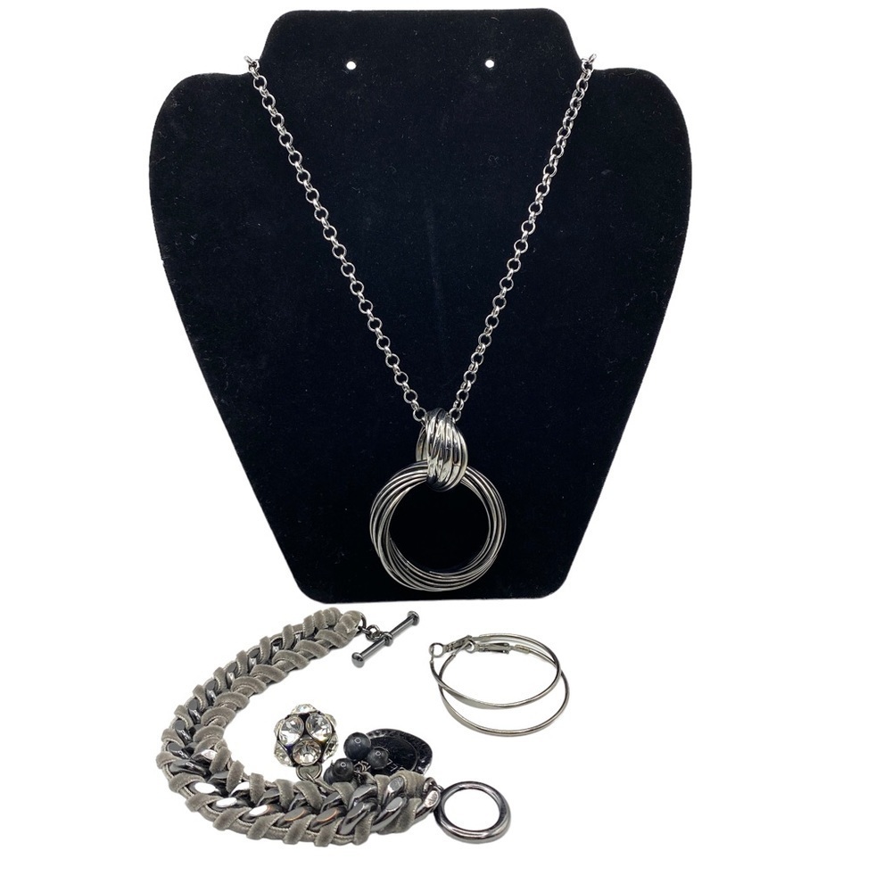 Long Necklace Bracelet Earrings Bundle Gunmetal Gray